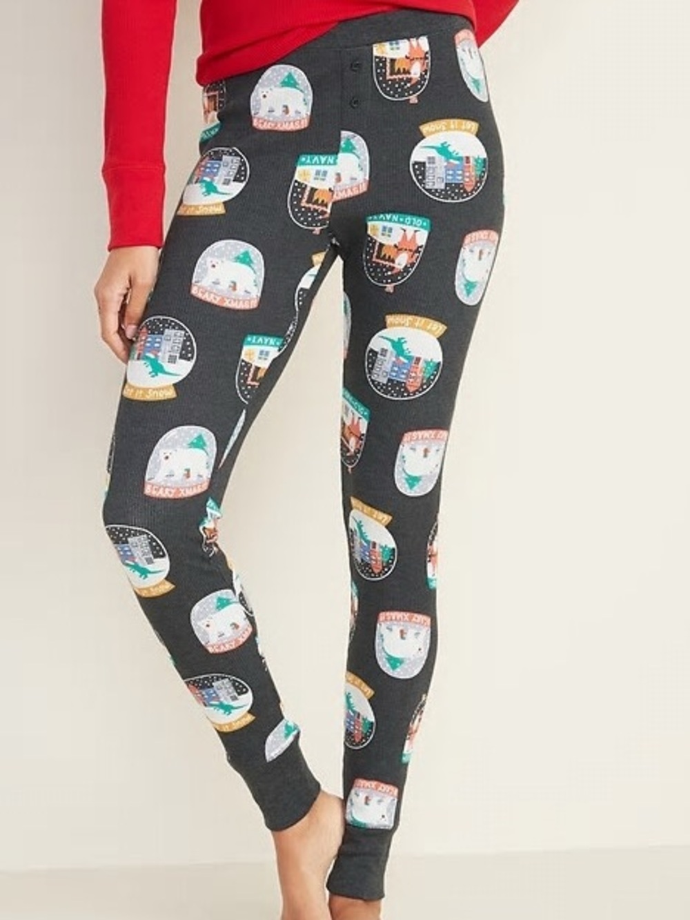 Old Navy Gray Snow Globe Print Holiday Thermal Sleep Leggings Christmas Pajamas